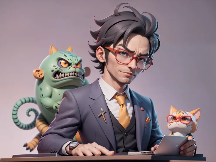 A young man in a suit, Short hair and glasses sat at his desk，holding laptop，digitial painting，tigre，3D character design by Mark Clairen and Pixar and Hayao Miyazaki and Akira Toriyama，4K HD illustration，Very detailed facial features and cartoon-style visu...