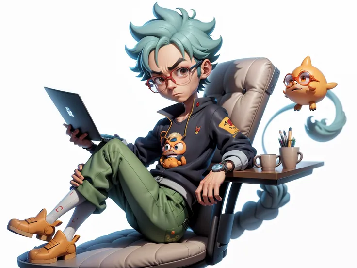 A young man with glasses sits at his desk，holding laptop，digitial painting，3D character design by Mark Clairen and Pixar and Hayao Miyazaki and Akira Toriyama，4K HD illustration，Very detailed facial features and cartoon-style visuals。