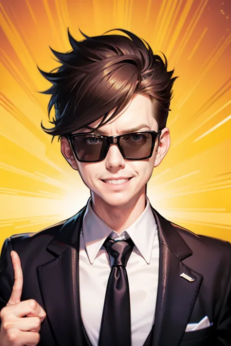 portrait of a smiling rick astley pointing his finger at the camera, sunglasses, poligonal tuxedo with neckletie, max headroom style, anime style