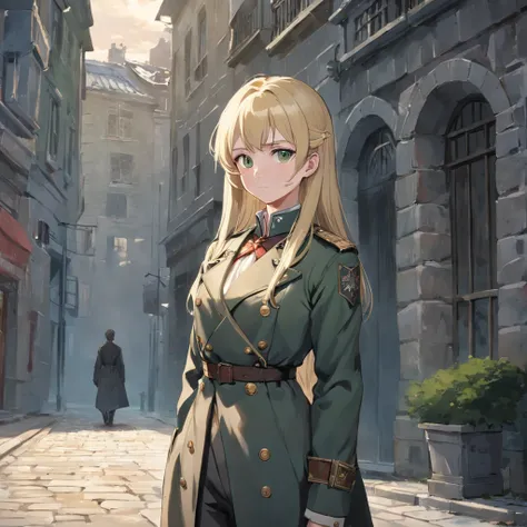 Lonely young adult girl, Tall stature, little chest, closed mouth, Slavic appearance: Green eyes; blond hair; sharp facial features; dimple on the chin; Straight nose; high nose; pronounced high cheekbones; high forehead, stands upright, military uniform: ...