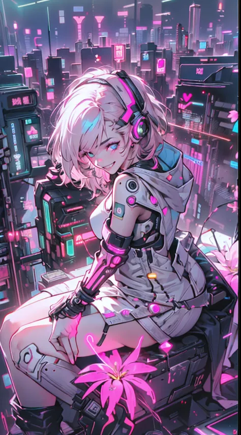 (1girl in)、(plump figure)、(30-years old)、(confident grin:1.2)、(White hair)、(have military weapons all over their bodies,)、(Top image quality)、(8K picture quality)、(cyberpunked)、(masutepiece)、(Shining Chinese traditional costume with hood)、(confident grin:1...