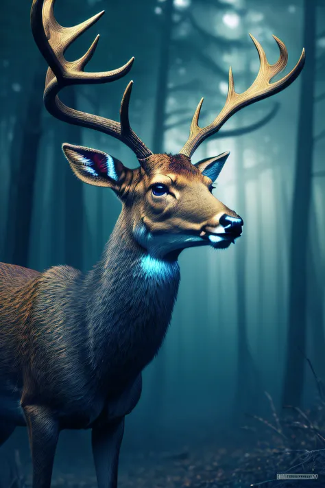 a close up of a deer with glowing antlers in a forest, 3d digital art 4k, digital art animal photo, digital artwork 4 k, holographic creatures, 4k highly detailed digital art, 8k high quality detailed art, 4k detailed digital art, 8 k ultra realistic anima...