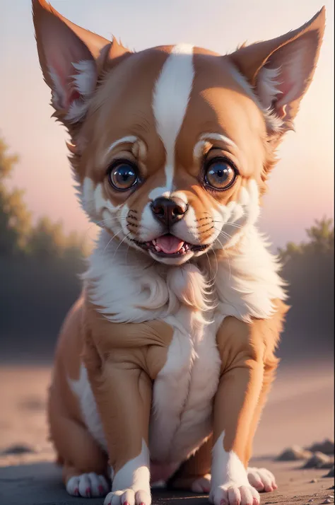 Perrito chihuahua hyperrealista, big-headed, miniatura, white color with brown spots, sacando la lengua, Super tender look, obra maestra, 4k-resolution, Super details, sentado sobre pasto, hermoso atardecer en el fondo, 2.0F, cielo colorido por los rayos d...