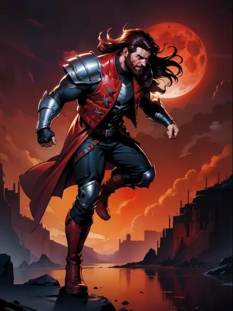 Blood moon background, as illustration, Marvel comics style. Sadurang from Marvel, buffed, short mane hair, ((mullet)), defined face, detailed eyes, short beard, glowing red eyes, dark hair, wily smile, badass, dangerous. Wearing overcoat, armor vest, carg...