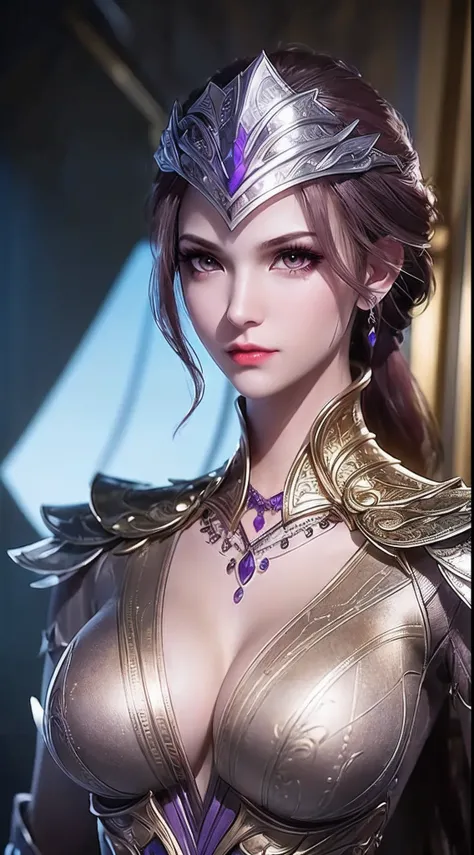 1 sexy goddess wearing sexy purple armor, armor with many intricate and sophisticated patterns, thin armor, deep slit shirt, lon...