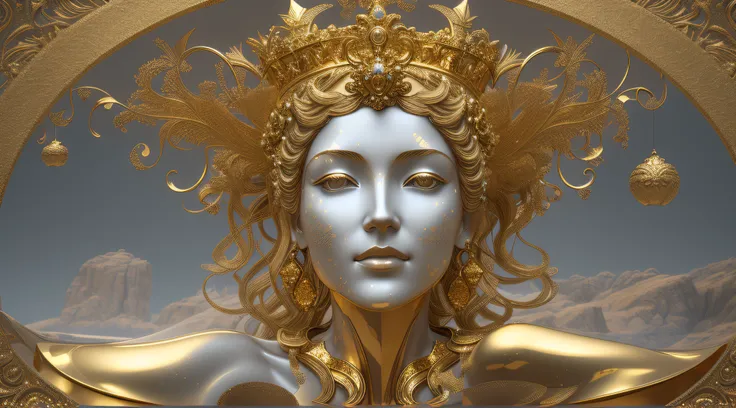 there is a gold statue of a woman with a crown on her head, 3 d goddess portrait, art nouveau octane render, karol bak uhd, 3d digital art 4k, 4k highly detailed digital art, goddess. extremely high detail, 3 d sculpture octane render 8 k, 3 d sculpture 8 ...