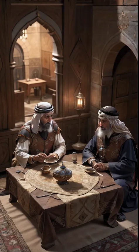 vieils hommes moroccan  scholars arabe, medieval arabic, discussing scrolls palais, ou, lighting, bouteille et verre de boisson ...