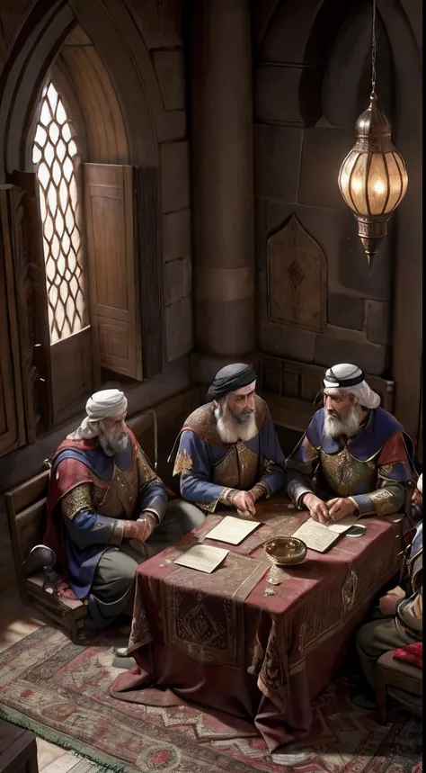 vieils hommes moroccan  scholars arabe, medieval arabic, discussing scrolls palais, ou, lighting, bouteille et verre de boisson ...