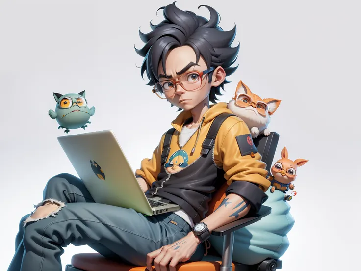 A young man with glasses sits at his desk，holding laptop，digitial painting，3D character design by Mark Clairen and Pixar and Hayao Miyazaki and Akira Toriyama，4K HD illustration，Very detailed facial features and cartoon-style visuals。