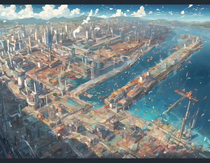 Extremely detailed representation of an industrial city, Show discharge of pollutants into the ocean, River and lake. Enfatizar el contraste impactante entre la industria y el agua.