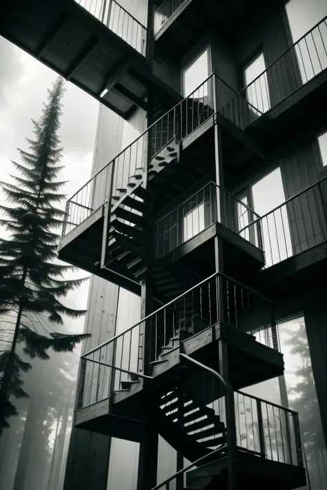 black andwhite, 60s style view of a three-story cube building in a Swiss forest, With a metal spiral staircase leading to the top floor, Surrounded by lush vegetation, Illuminated by cloudy days