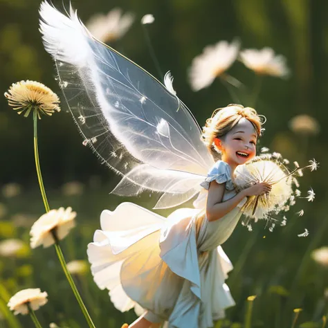 fairy grabbing dandelion fluff and flying、transparent feathers、smiling、