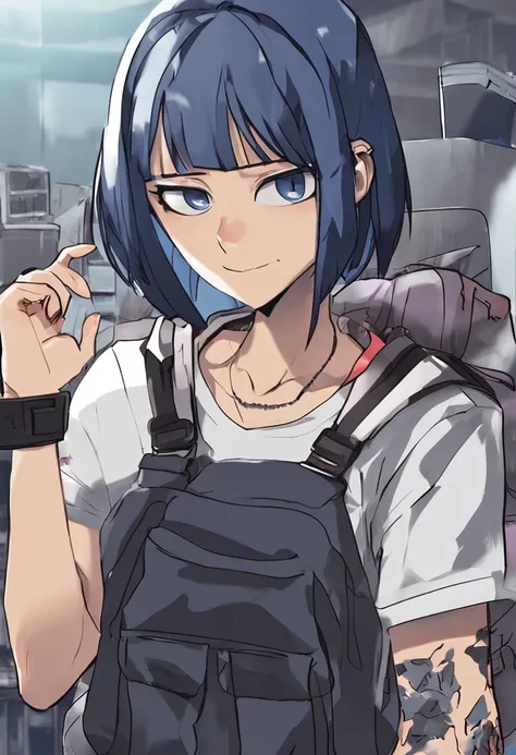 one annoyed 20 year old, female bully gym outfit, navy blue hair gothic, in bedroom, glaring at viewer in disgust, spiky necklace, carrying heavy bookbag, focus on face, blue_eyes, navy blue t-shirt, dark room