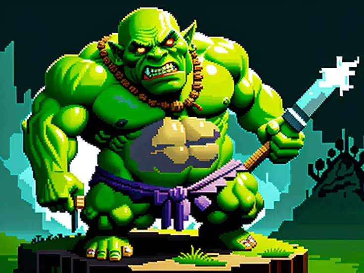 orc irritado, with club in hand, Pixel Art, sem cores vibrantes, centerpiece