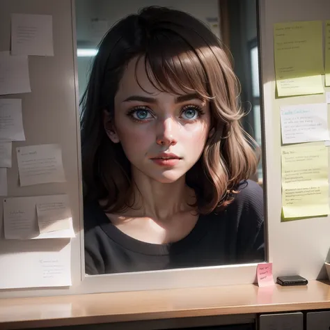 "Illustrious Charlie Brooke in the Writers Room, discuss《Black Mirror》Innovative concept for the series, Use a board full of post-it notes and notes, Show off your smart mind and ability to create compelling stories."