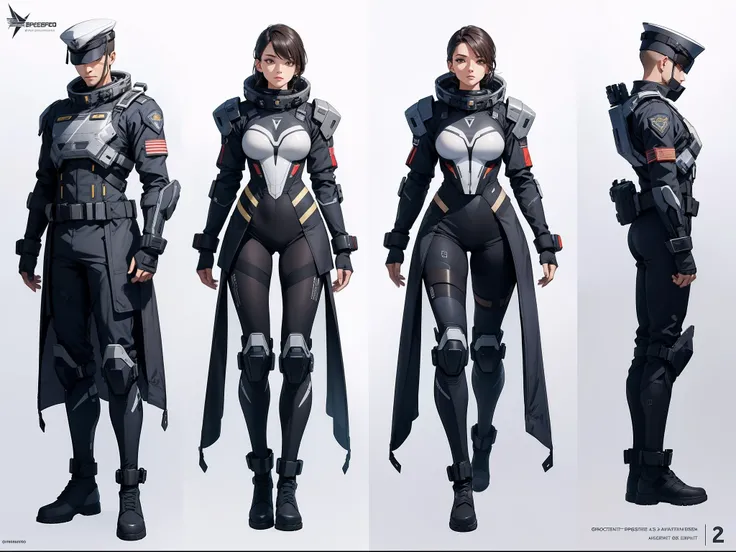 A comprehensive clothing sheet depicting a futuristic military spacesuit with high boots, mostrado em frontal, lado, and three-bedroom views against a white background. The sheet includes various angles of the clothing, Como fachada, traseira, e perspectiv...