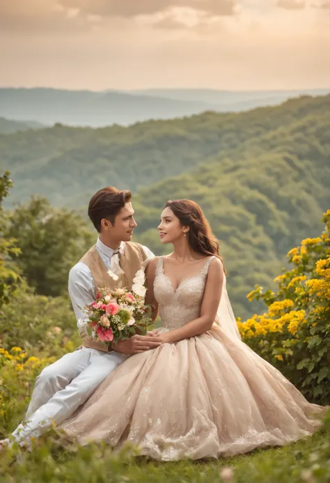 create a realistic image of a couple of happy man and woman in love and and behind a beautiful landscape with a blue sky, uma imagem em 8k