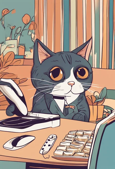 gato dos desenhos animados com telefone celular sentado em uma mesa com um fundo quadriculado, arte digital detalhada bonito, arte digital bonito, design do gato, painting digital adorable, caixa, gato bonito, stylized digital illustration, cute illustrati...