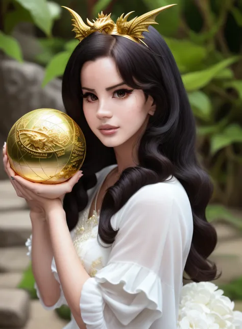 lana del rey holding a golden ball with a dragon on it, fantasia realista intrincada, amazing fantasy art, arte de fantasia real...