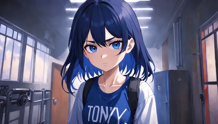 one annoyed 20 year old, female bully gym outfit, navy blue hair gothic, in bedroom, glaring at viewer in disgust, spiky necklace, carrying heavy bookbag, focus on face, blue_eyes, navy blue t-shirt, dark room