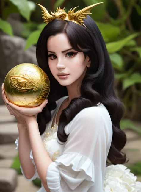 Lana del Rey holding a golden ball with a dragon on it, fantasia realista intrincada, amazing fantasy art, arte de fantasia realista, Arte de fantasia hiperrealista, realistic fantasy illustration, Capa de livro de fantasia, arte fantasia behance, arte de ...