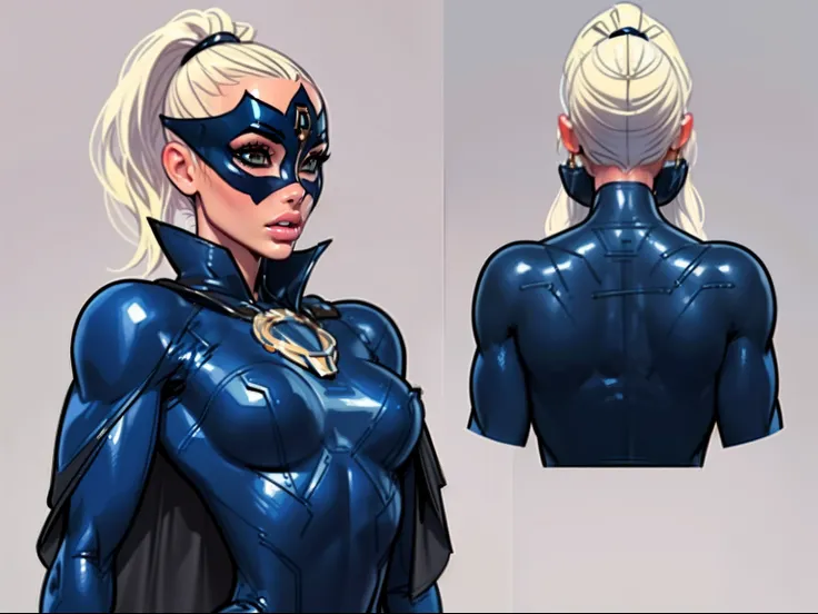 ((masterpiece)),(((best quality))),((character design sheet)), ((full body view)) illustration,1girl, muscular, ((white bodysuit:1.5)), (masked face:1.4) (black mask:1.4) superhero, (black ponytail:1.4), (puffy lips:1.6) (black cape:1.4) beautiful woman, (...