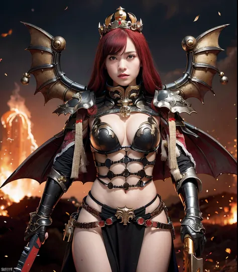 (masutepiece), Professional , ​masterpiece、top-quality、photos realistic , depth of fields （Dragon Black Metal Body:1.９),(Matte Black、（cleavage of the breast）、Dragon Gold Weapon、（bikini-armor),Gorgeous gold weapons ,（（ Dragons dense and gorgeous sword）） , B...