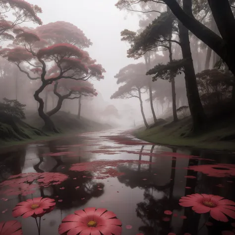 Cogumelo gigante grande vermelho, neblina, escuro, luz escura, floresta escura, chuva, cogumelhos, neblina rosa, neblina, escuro, floresta de cogumelhos