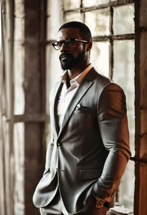 ((half body)) RAW Photo (34-year-old black man with a beard and glasses, looking out the window in his brightly lit home, with a seductive expression), Christian Gray style in the film, Wearing black dress pants, ( Beard and attractive) movie scene, (Impec...