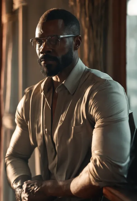 ((half body)) RAW Photo (34-year-old black man with a beard and glasses, looking out the window in his brightly lit home, with a seductive expression), Christian Gray style in the film, Wearing black dress pants, ( Beard and attractive) movie scene, (Impec...