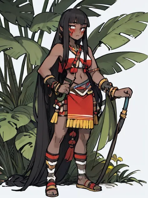 ((Kuruminha)), frontal, ((full body,Long straight black hair, native American)),short clothes, dark glowing skin, amazonian indigenous red paint around eyes, bangs, young, jungle background, red facepaint on eyes, detailed eyes, high resolution, detailed f...