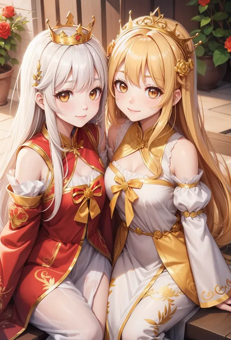 Only the smile of 2 cute girls、duo,Golden eyes、Golden hair、full of roses、crowns、