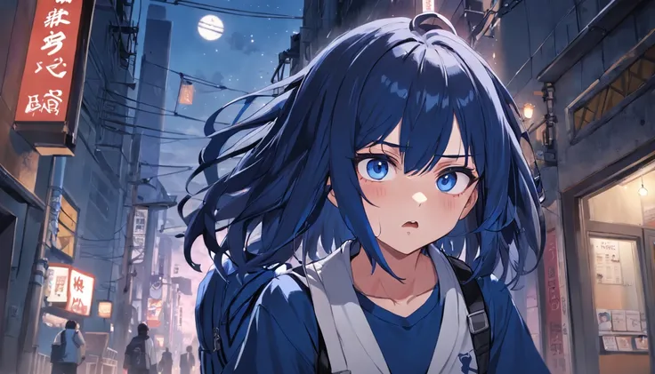 one annoyed 20 year old, female bully t-shirt outfit, navy blue hair gothic, in bedroom, glaring at viewer in disgust, spiky necklace, carrying heavy bookbag, focus on face, blue_eyes, navy blue t-shirt, dark room