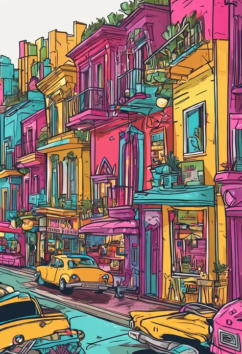 cidade colorida, bem desenhada, cartoon, realce nas cores