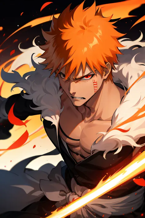 ichigo kurosaki, close up, orange hair, glowing red eyes, angry face, shouting, blur background, masterpiece, 8k, hd, with his s...