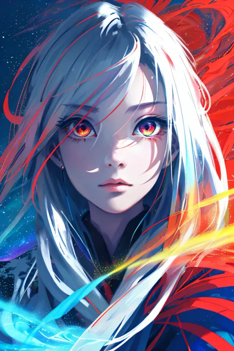 realisticlying、Masterpiece quality、best qualtiy、offcial art、Beauty and aesthetics：1.2、Very detailed fractal art、Colorful abstract background、Kizi、Beautiful girl、Ancient wind、Kamimei、The color hair、long whitr hair、Delicate facial features、luminous red eyes、...