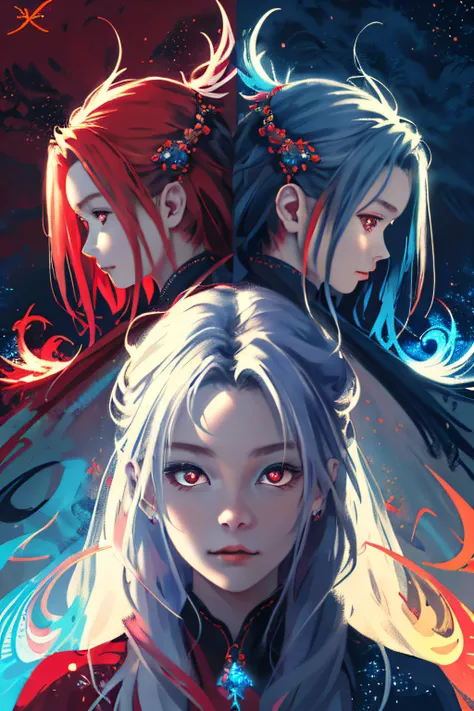 realisticlying、Masterpiece quality、best qualtiy、offcial art、Beauty and aesthetics：1.2、Very detailed fractal art、Colorful abstract background、Kizi、Kamimei、The color hair、long whitr hair、luminous red eyes、Mysterious magic、Girl of Ice and Fire，Red and blue co...