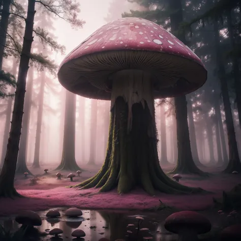 mushroom forest, big mushroom in the center, dark forest, mud, fog, dark light, pink haze