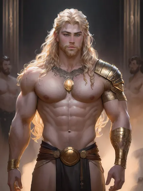 painted portrait of a stout Thor, god of thunder, young greek god, blond windy hair, male, insanely handsome, upper body, muscular, hairy torso, fantasy, intricate, elegant, highly detailed, digital painting, art station, concept art, soft, sharp focus, il...