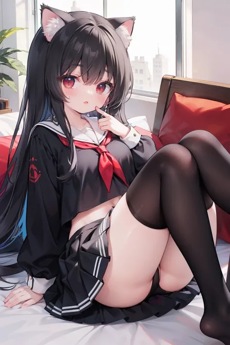 Black hair, Cat ears, Cat girl, Red eyes, Student clothes，Superskirt，blacksilk，