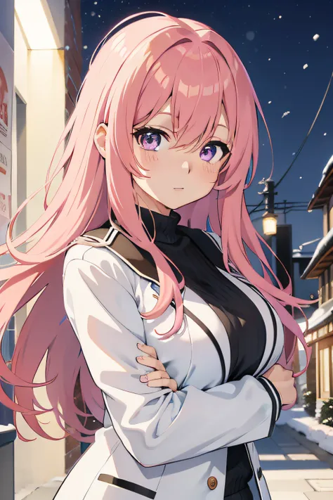 anime girl with pink hair, white jacket,snowing town, anime visual of a cute girl, julis from gakusen toshi asterisk,official artwork, portrait anime girl, smooth anime cg art, anime moe artstyle, official art, beautiful anime portrait, pink long messy hai...