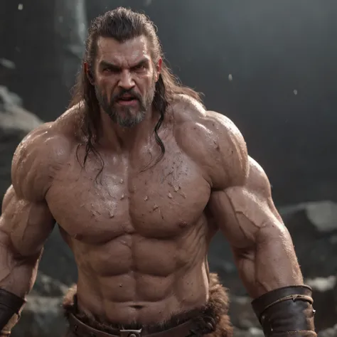 (professional 3d render:1.3) af (Realistic:1.3) most beautiful artwork photo in the world，Features soft and shiny male heroes, ((Epic hero fantasy muscle man rough wet hero angry looking long hair short beard and ferocious expression in dynamic pose, Fanta...