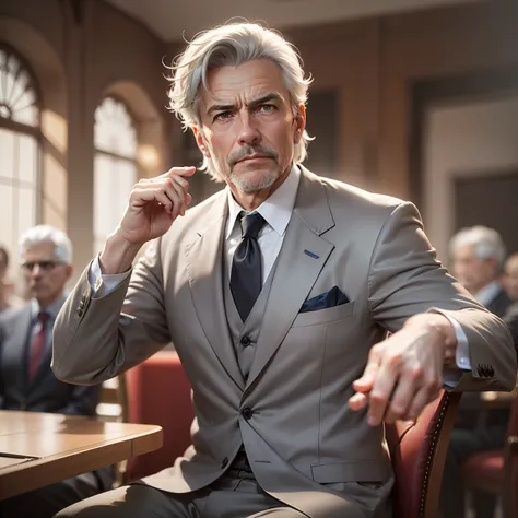 Ultra realistic image of a middle-aged man, gray hair and with entrances, thin, dressed elegantly, sitting with his arm raised at an auction, neutral expression