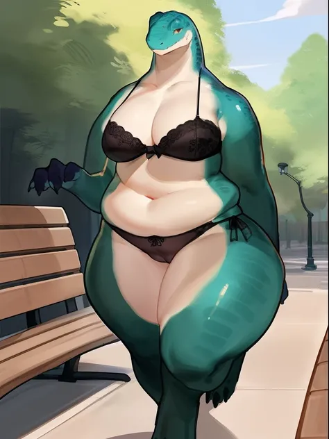 female mother lizard, (bipedal), (digitigrade), overweight, curvy figure, voluptuous, thick thighs, huge legs, clothed a tight panties, bra, standing, detailed background, bench, (by buta99, by bebebebebe, by con5710), ((nsfw)), innie pussy, flat chested, ...