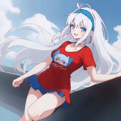 ((((1 woman)))), fullbody, cat logo tee, red tee tutu skirt, ((((white hair)))), ((((blue eyes)))), long hair, happy, smile, 18 year old, dynamic angle, ((((blue hairband)))), red necklace, beautiful detailed sky