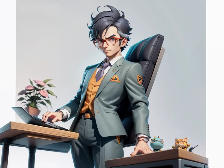 A young man in a suit, Short hair and glasses sat at his desk，holding laptop，digitial painting，tigre，3D character design by Mark Clairen and Pixar and Hayao Miyazaki and Akira Toriyama，4K HD illustration，Very detailed facial features and cartoon-style visu...