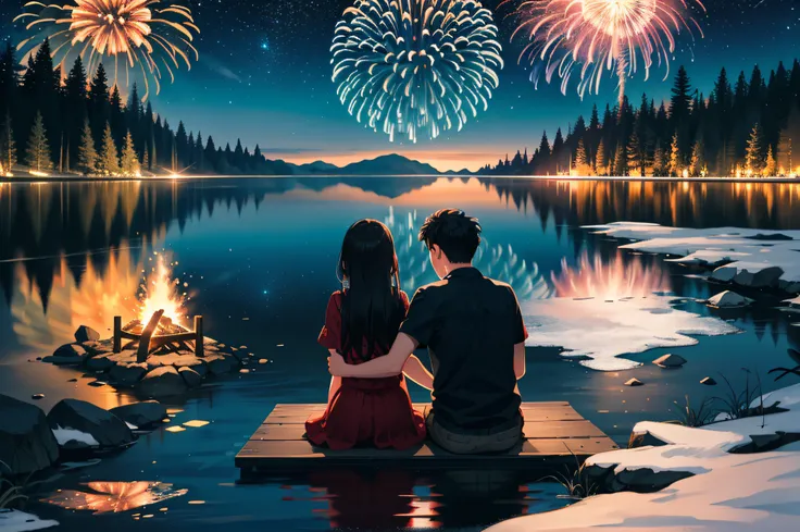 The surface of the lake is reflected in the starry sky，The forest on the shore is lit with fireworks，A couple sits by a campfire，Looking into the distance