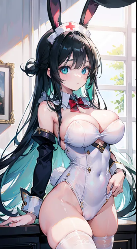 High quality, masterpiece, ultra-detailed, 1girl, bunny nurse outfit, solo, peaceful expression, long black hair, enchanting eyes, blue and green eyes, heterochromia, bunny ears, ridiculously large breasts, shiny skin, bedroom