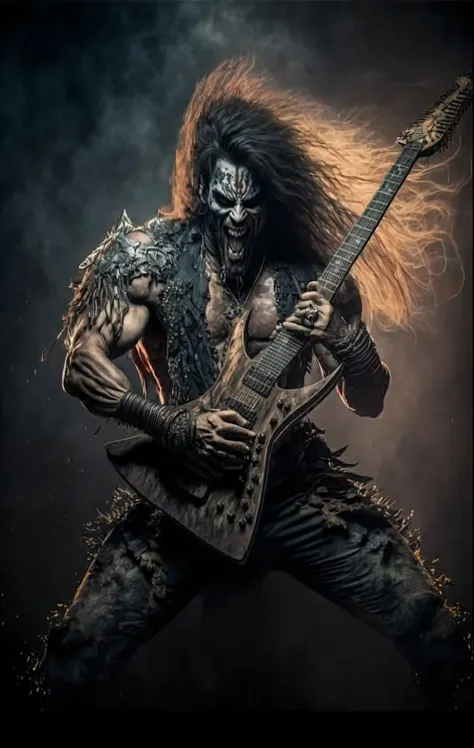 a close up of a person with a guitar in a dark room, black metal style, black metal aesthetics, black metal, metalhead, felix englund style, black metal rococo, just art for dark metal music, with black metal face paint, beastman concept, heavy metal art s...