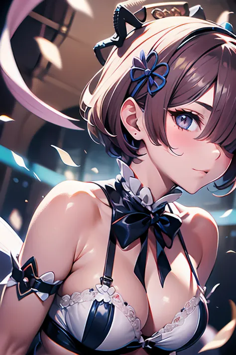 master part, best quality, Altas, RAM1, 1girl, sozinho, Rem (re:zero), cabelos azuis, coxas brancas, short hair, olhos vermelhos, hair is left one eye, ribbon trim, fita de cabelo, x ornamento de cabelo, Frescuras, Loan headdress, avental de cintura, garte...